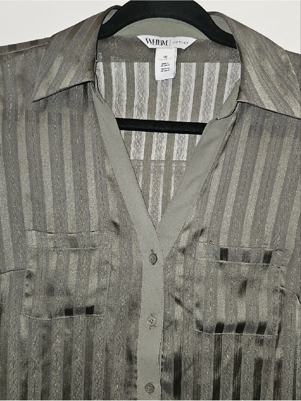 White House Black Market Olive Sheer Stripe Button Front Shirt - Picture 3 of 7